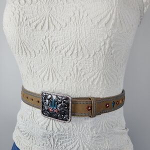 Catchfly Western Embroidery Belt Size Small Leather Back Silver Belt Buckle